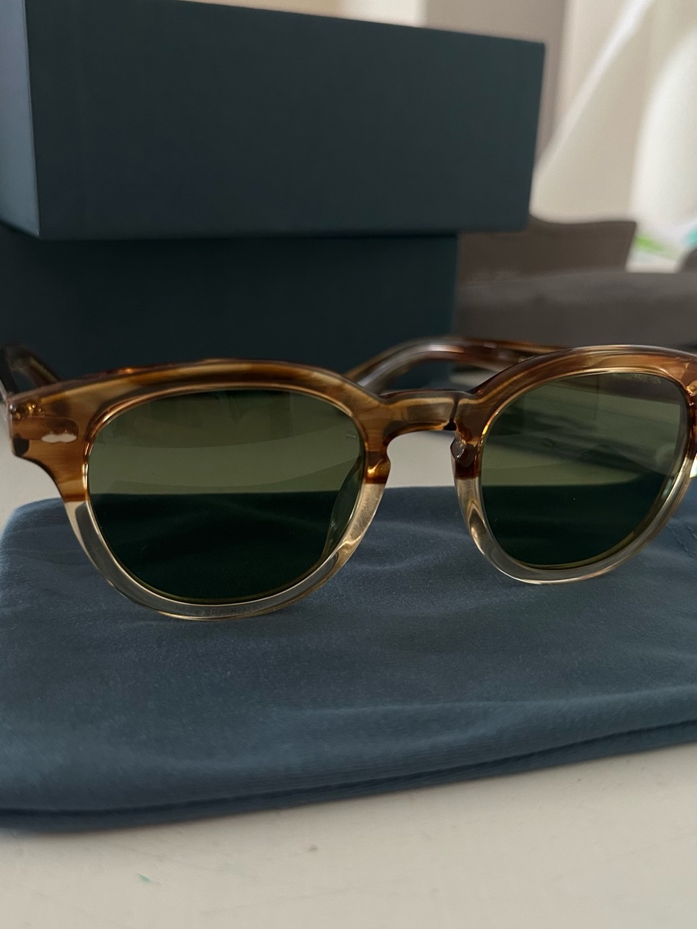 Oliver Peoples Brown Tortoise Frame Sunglasses with Green Lenses